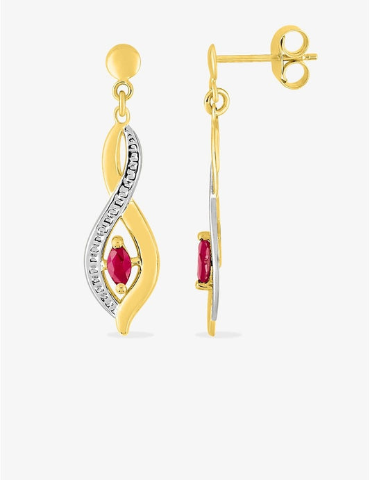 Boucles d'Oreilles Pendantes Or Jaune 9K, Rubis Navette & Rhodium