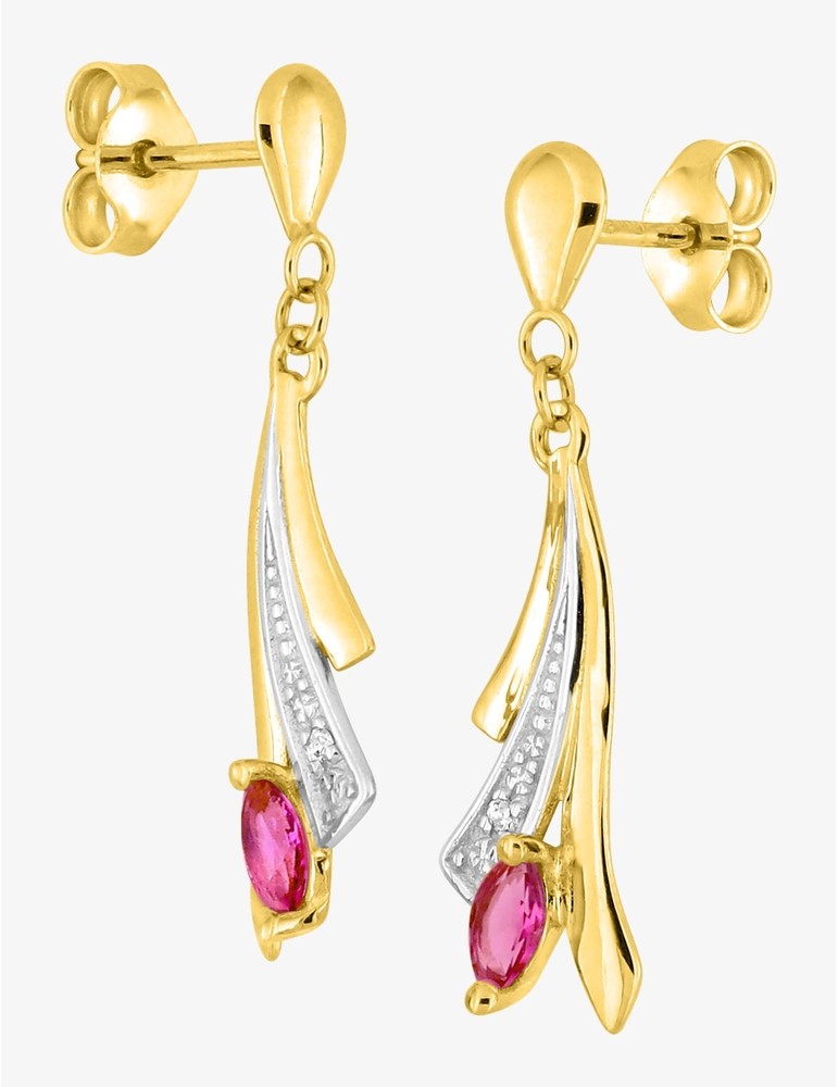 Boucles d'oreilles pendantes or jaune 375 ‰, rhodium, rubis et diamants