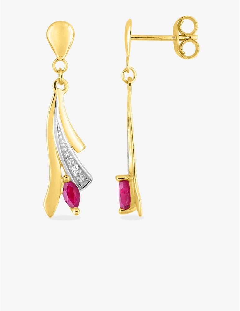 Boucles d'oreilles pendantes or jaune 375 ‰, rhodium, rubis et diamants