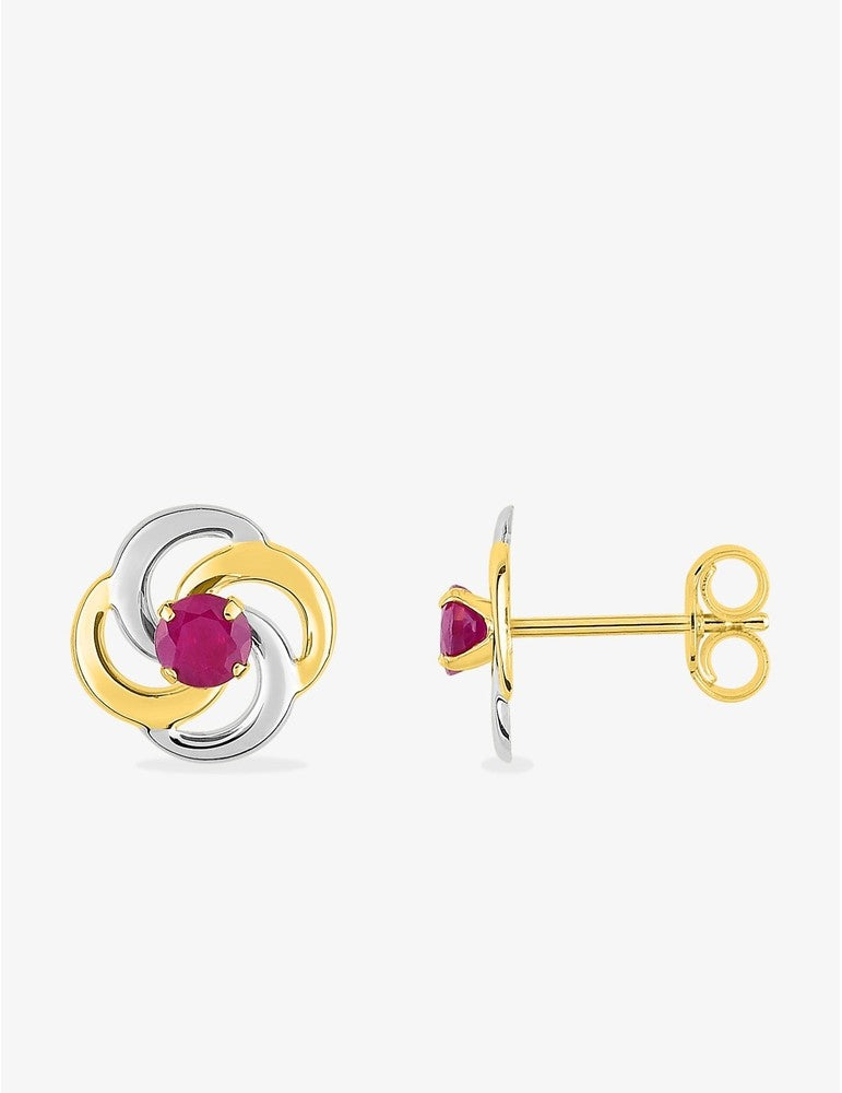 Boucles d'oreilles rosaces or 375‰ bicolores avec rubis