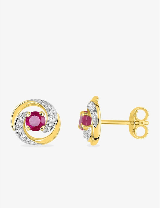Boucles d'oreilles rosaces or jaune 375‰ avec rubis et oxyde de zirconium