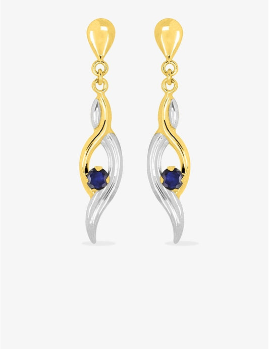 Boucles d’Oreilles Pendantes Rubans Or Jaune 9K, Rhodium & Saphir