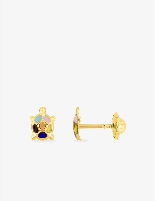 Boucles d’Oreilles Enfant Tortue Multicolore en Or 375 – Système Vis – 0.25g