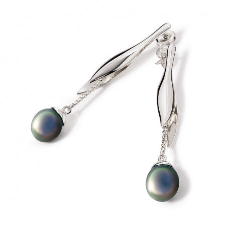 Boucles d’Oreilles Pendantes Canopée Femme en Argent Rhodié et Perles de Tahiti – Iza-B
