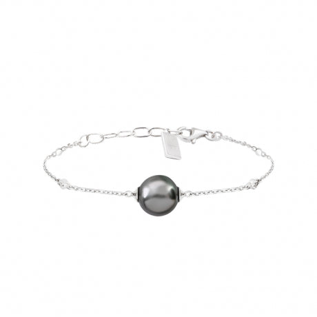 Bracelet Épure Femme en Argent Rhodié, Perle de Tahiti et Diamants – Iza-B