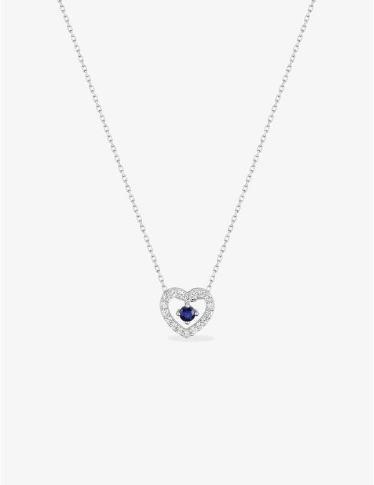 Collier cœur or blanc 375‰, saphir et oxyde de zirconium