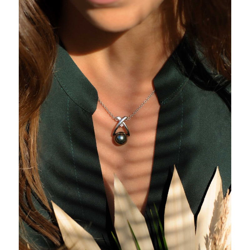 Collier Archipel Femme en Argent Rhodié, Perle de Tahiti et Diamant – Iza-B