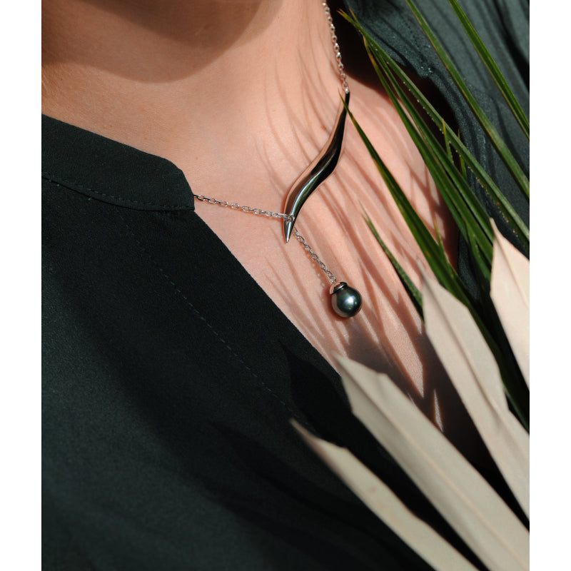 Collier Cravate Canopée Femme en Argent Rhodié et Perle de Tahiti – Iza-B