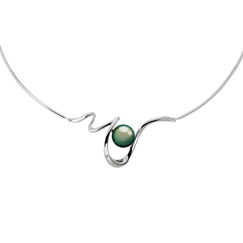 Collier Jonc Lagune Femme en Argent Rhodié, Perle de Tahiti et Diamant – Iza-B
