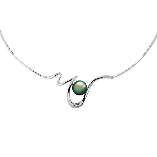 Collier Jonc Lagune Femme en Argent Rhodié, Perle de Tahiti et Diamant – Iza-B