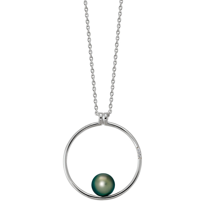 Collier Épure Femme en Argent Rhodié, Perle de Tahiti et Diamants – Iza-B