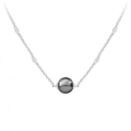 Collier Épure Femme en Argent Rhodié, Perle de Tahiti et Diamants