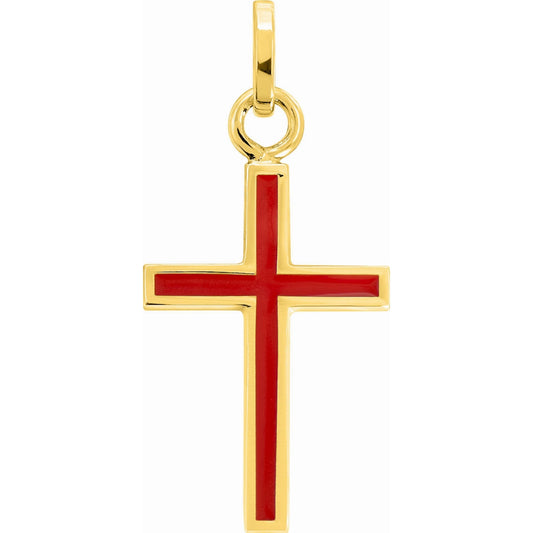 Pendentif Croix en Or Jaune et Détails Rouges 18K
