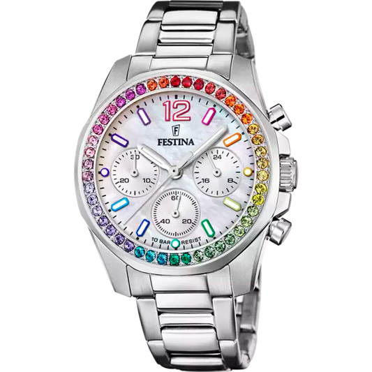 Montre Festina F20606/2 Femme - Collection Rainbow - Acier &amp; Zircons - Chronographe