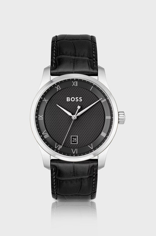 Montre BOSS avec Bracelet en Cuir et Cadran Noir à Motif