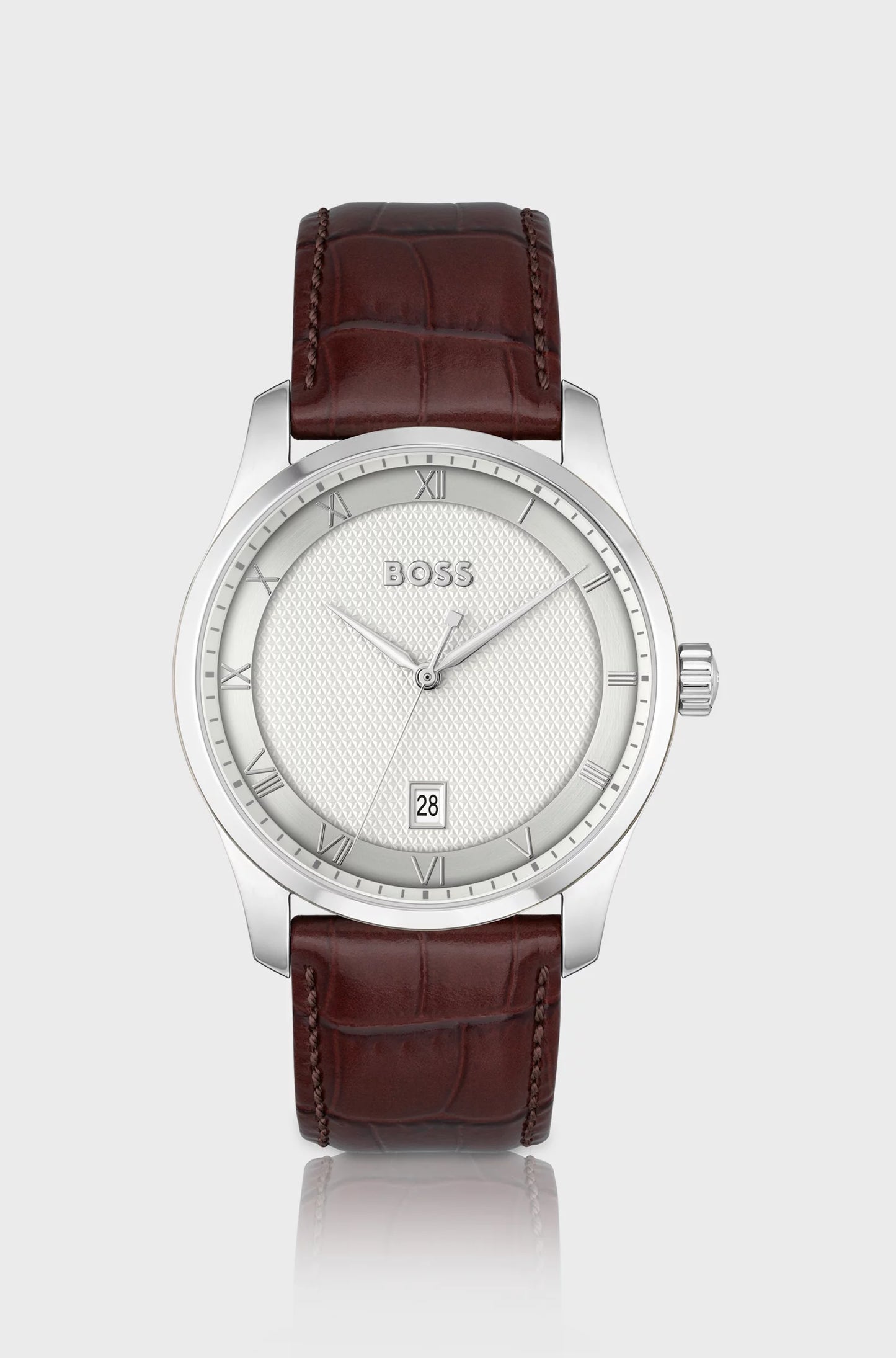 Montre BOSS avec Cadran Blanc Argenté à Motif et Bracelet en Cuir