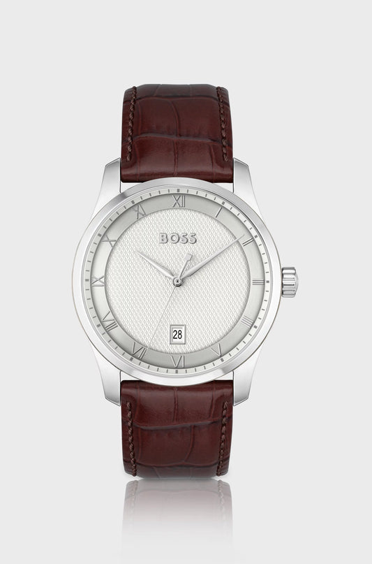 Montre BOSS avec Cadran Blanc Argenté à Motif et Bracelet en Cuir