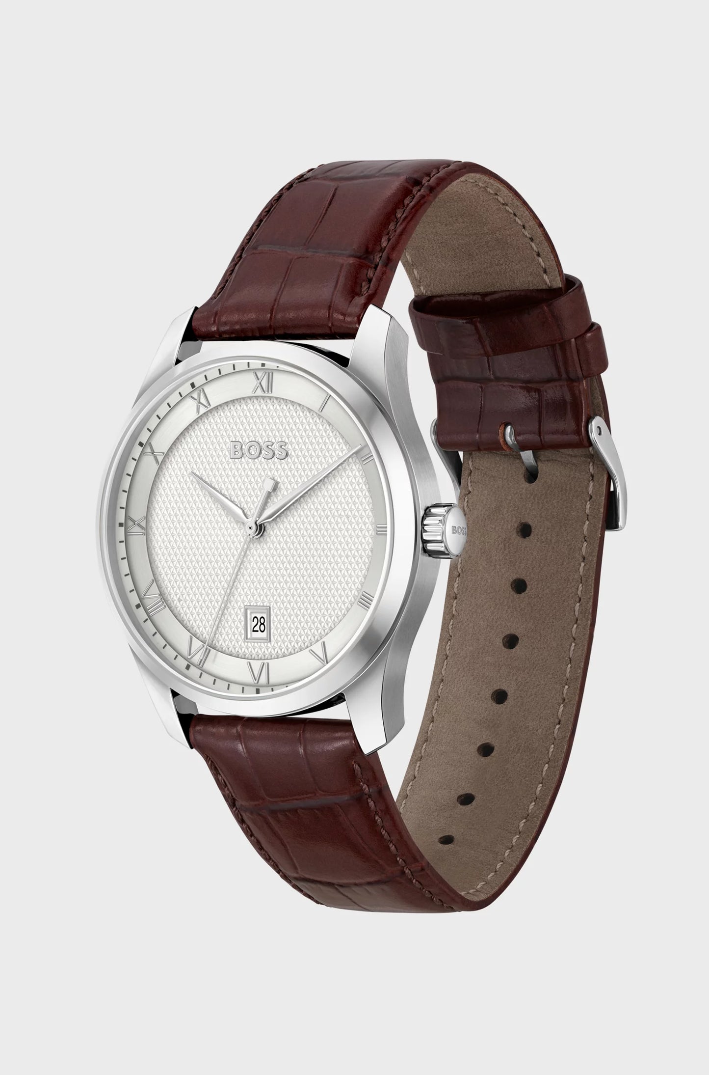 Montre BOSS avec Cadran Blanc Argenté à Motif et Bracelet en Cuir