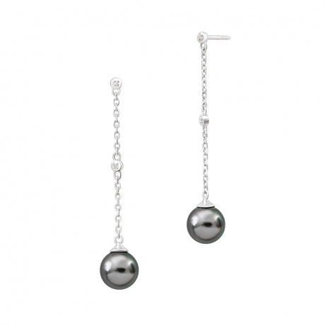 Boucles d’Oreilles Pendantes Épure Femme en Argent Rhodié, Perles de Tahiti et Diamants – Iza-B