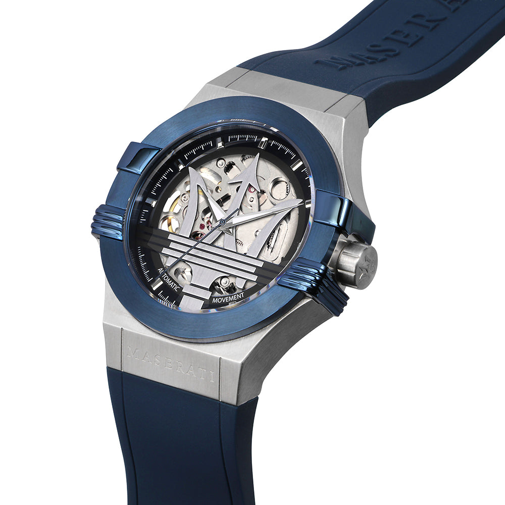 Montre Homme Maserati Potenza R8821108028 – Automatique avec Cadran Squelette et Bracelet en Silicone Bleu