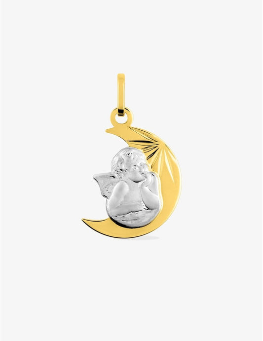Médaille Ange Bicolore Or Jaune et Blanc 375‰, Lune Diamantée 22 x 12 mm
