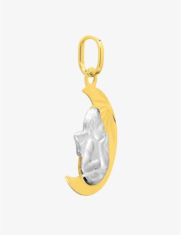 Médaille Ange Bicolore Or Jaune et Blanc 375‰, Lune Diamantée 22 x 12 mm