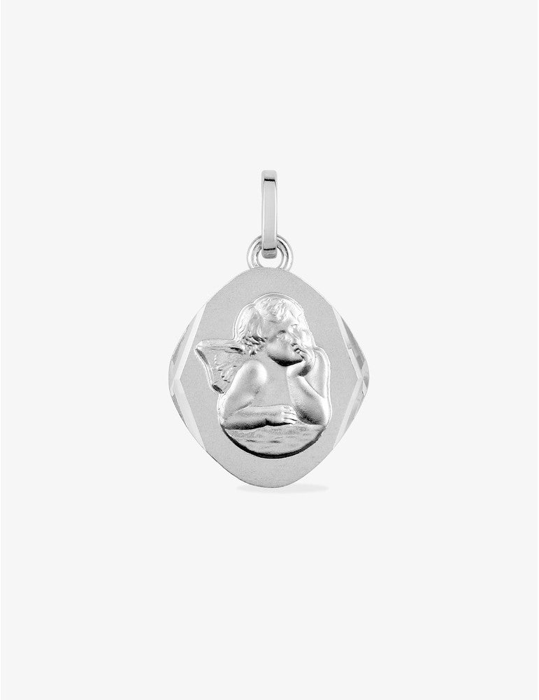 Médaille Losange Ange en Or Blanc 18K - Gravure Offerte