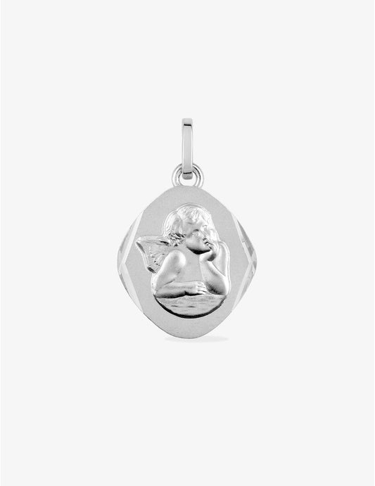 Médaille Losange Ange en Or Blanc 18K - Gravure Offerte