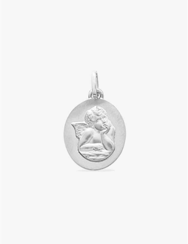 Médaille Ovale Ange Or Blanc 375‰, 14x12 mm