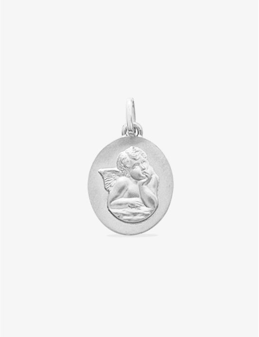 Médaille Ovale Ange Or Blanc 375‰, 14x12 mm