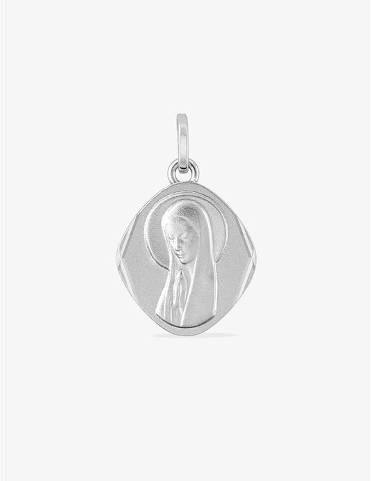 Médaille Vierge Or Blanc 375‰, Plaque Losange 13 x 20 mm