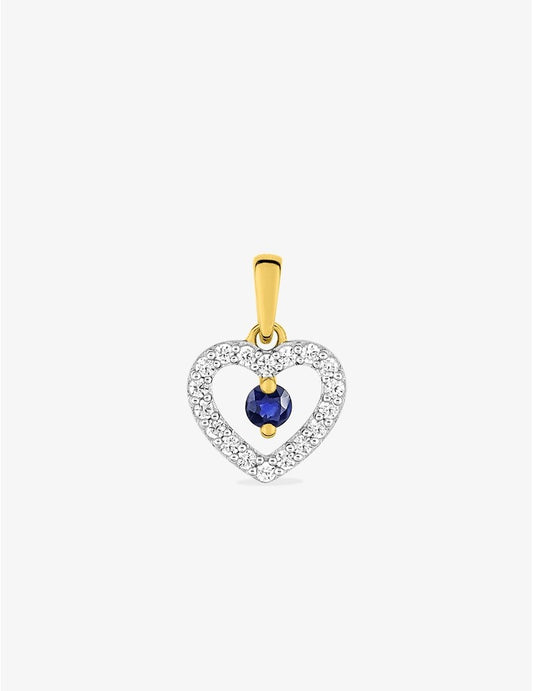 Pendentif cœur or jaune 375‰, saphir et oxydes de zirconium