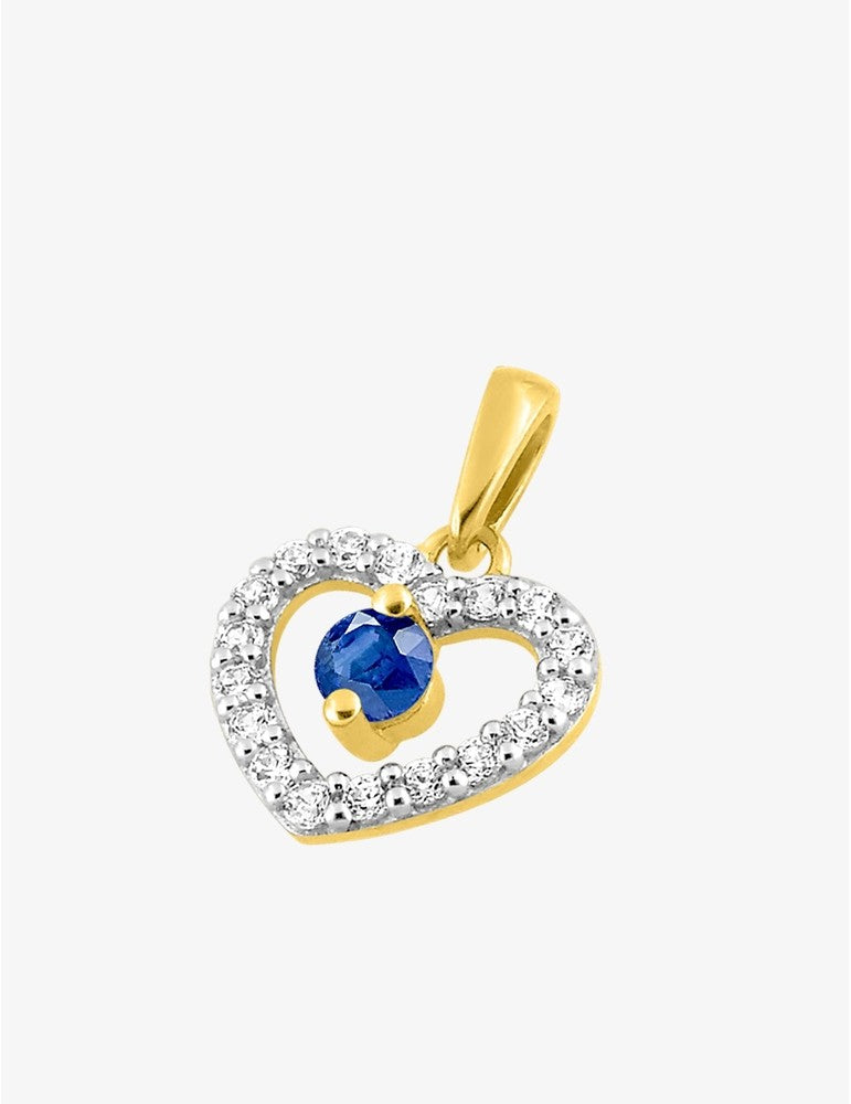 Pendentif cœur or jaune 375‰, saphir et oxydes de zirconium