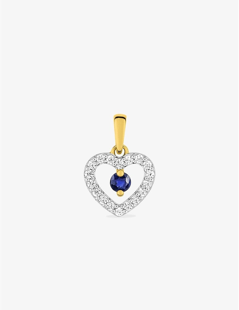 Pendentif cœur or jaune 375‰, saphir et oxydes de zirconium