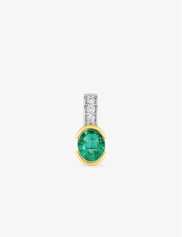 Pendentif Émeraude Ovale Or Jaune 750‰ avec Diamants 0,03 ct et Rhodium