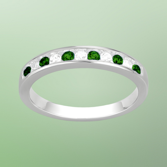 Demi-Alliance en Argent 925‰ avec Oxydes de Zirconium Verts et Blancs