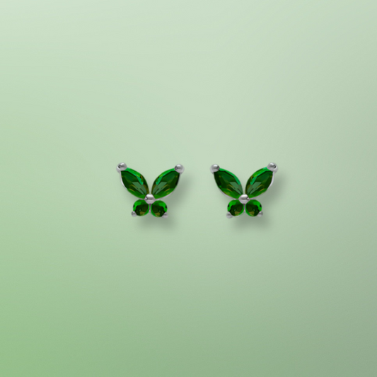 Boucles d’oreilles papillon en argent rhodié et oxydes vert foncé