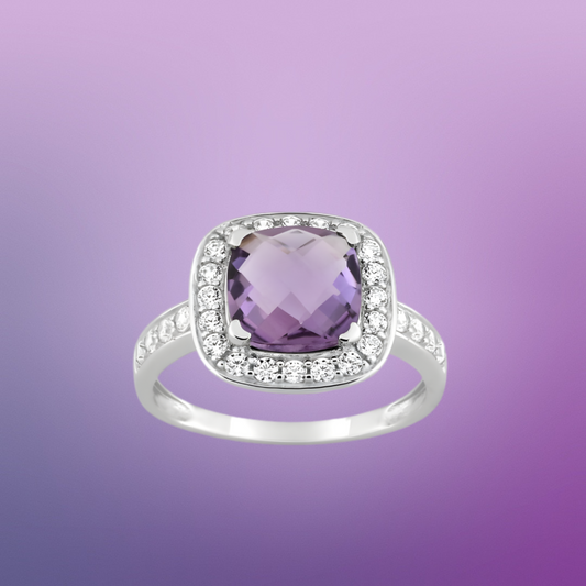 Bague or blanc 375‰ avec améthyste et oxydes scintillants