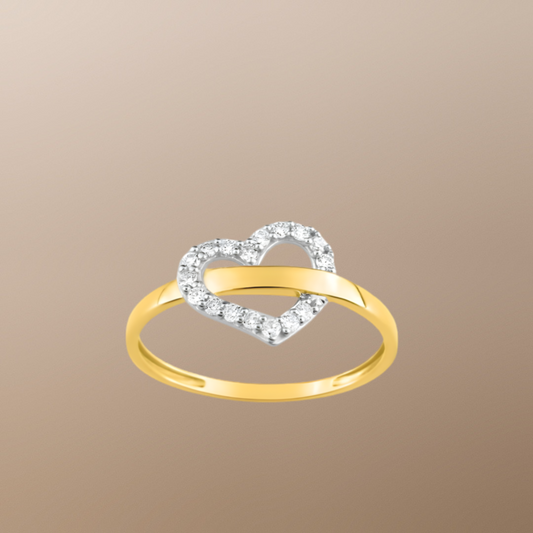Bague cœur en or jaune 375‰, oxydes et anneau traversant