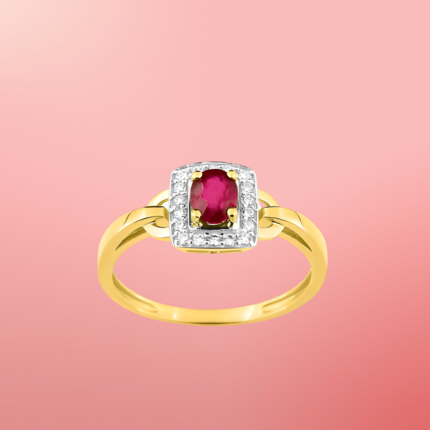 Bague en or jaune 375‰, rubis ovale et oxydes
