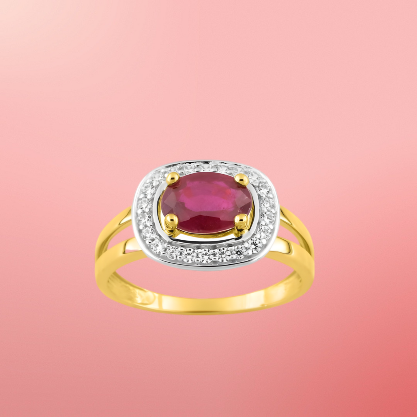 Bague double anneau en or jaune 375‰, rubis et oxydes