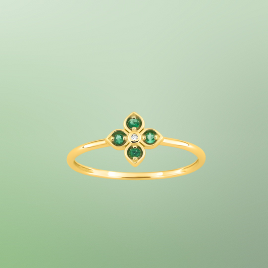 Bague fleur or jaune 375‰ avec émeraudes et diamant