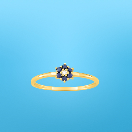 Bague fleur or jaune 375‰ avec saphirs et diamant
