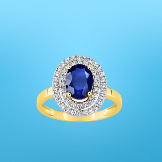 Bague saphir et oxydes de zirconium en or jaune 375‰