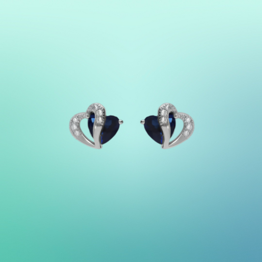 Boucles d’oreilles en argent rhodié – Double cœur, oxydes bleus et blancs