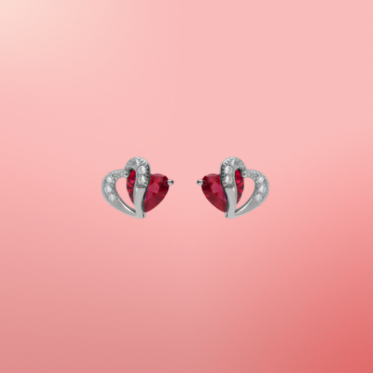 Boucles d’oreilles en argent rhodié – Double cœur, oxydes rouges et blancs