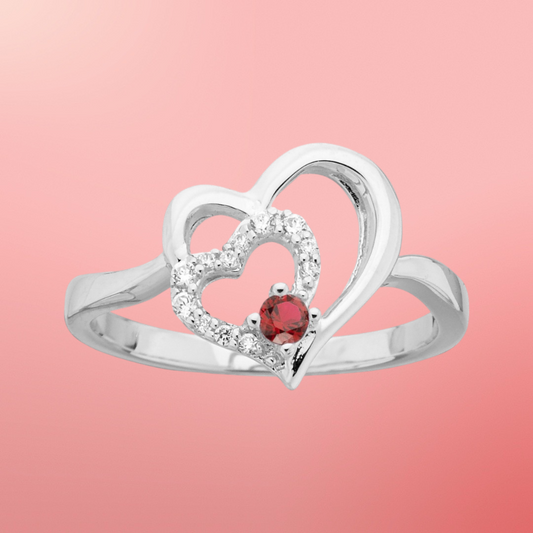 Bague Cœur en Argent 925‰ avec Oxyde Rouge et Oxydes Blancs