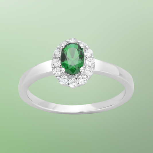 Bague Entourage en Argent 925‰ avec Pierre Verte et Oxydes Blancs