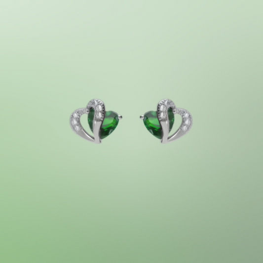 Boucles d’oreilles argent rhodié – Double cœur, oxydes verts et blancs
